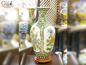 Bảo bình men màu bổ khung Tứ Cảnh Phú Quý vẽ vàng 24k, cao 60cm