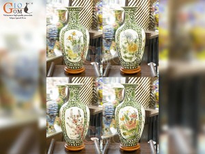 Bảo bình men màu bổ khung Tứ Cảnh Phú Quý vẽ vàng 24k, cao 60cm