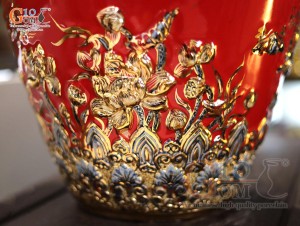 Bảo bình men màu đỏ đắp nổi Thuận Buồm Xuôi Gió vẽ vàng 24k, cao 85cm