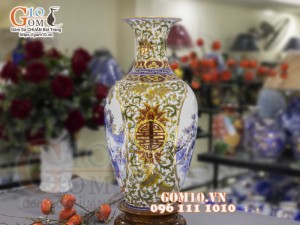 Bảo bình men màu vẽ vàng 24k, Nhị cảnh Bách Nhi Bách Phúc, cao 60cm