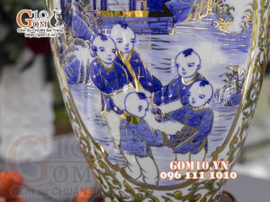 Bảo bình men màu vẽ vàng 24k, Nhị cảnh Bách Nhi Bách Phúc, cao 60cm