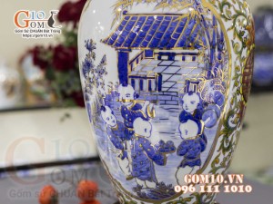 Bảo bình men màu vẽ vàng 24k, Nhị cảnh Bách Nhi Bách Phúc, cao 60cm