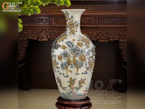 Bảo bình men rạn cổ đắp nổi Phúc Lộc Thọ kềnh đuôi, cao 90cm