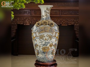 Bảo bình men rạn cổ đắp nổi Phúc Lộc Thọ kềnh đuôi, cao 90cm