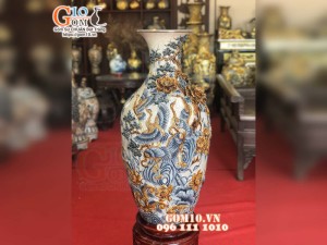 Bảo bình men rạn đắp nổi cao cấp Tùng Hạc Phú Quý, cao 90cm