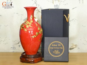 Bảo bình tài lộc Vinh Hoa Phú Quý đắp nổi dát vàng 24k nền đỏ, cao 30cm