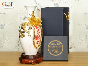 Bảo bình tài lộc Vinh Hoa Phú Quý đắp nổi dát vàng 24k, nền trắng cao 30cm