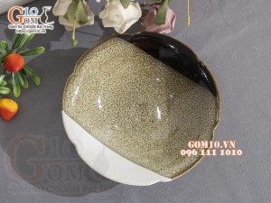 Bát cánh hoa men hỏa biến gấm vàng Cát Tường, đường kính 18cm