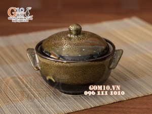 Bát cơm có nắp men hoả biến gấm vàng, đường kính 10,5cm