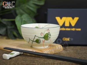 Bát cơm men kem vẽ đài Sen, in logo VTV