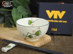 Bát cơm men kem vẽ đài Sen, in logo VTV