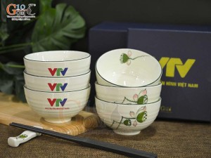 Bát cơm men kem vẽ đài Sen, in logo VTV