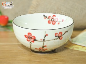 Bát cơm men kem vẽ Đào đỏ