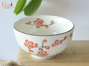 Bát cơm men kem vẽ hoa Đào đỏ