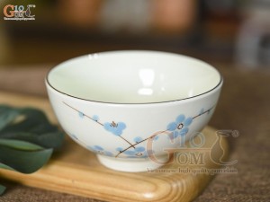 Bát cơm men kem vẽ hoa Đào xanh