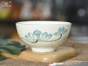 Bát cơm men kem vẽ hoa Sen xanh
