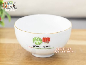 Bát cơm men trắng kẻ chỉ vàng kim, in logo