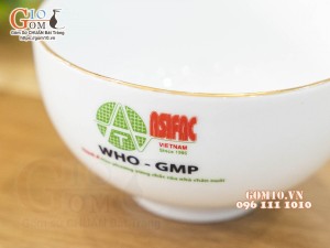 Bát cơm men trắng kẻ chỉ vàng kim, in logo