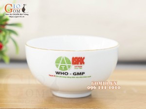 Bát cơm men trắng kẻ chỉ vàng kim, in logo