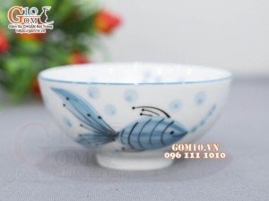 Bát cơm men trắng vẽ tiểu ngư