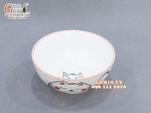 Bát cơm men trắng vẽ mèo chỉ hồng