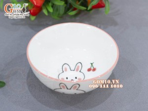 Bát cơm men trắng vẽ thỏ chỉ hồng