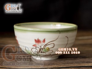 Bát cơm men vuốt họa tiết vẽ Sen đỏ