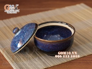 Bát cơm nắp không tai men hoả biến xanh đá, đường kính 10,5cm