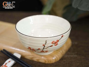 Bát cơm vân sóng men kem vẽ hoa Đào đỏ