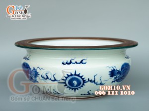 Bát hương dáng quả lựu men lam cổ vẽ hoạ tiết Rồng, đường kính 25cm