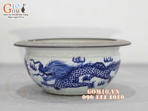 Bát hương dáng quả lựu men lam cổ viền nâu vẽ hoạ tiết Rồng, đường kính 22cm