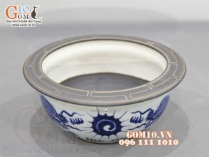 Bát hương dáng quả lựu men lam cổ viền nâu vẽ hoạ tiết Rồng, đường kính 22cm