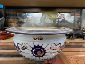 Bát hương dáng quả lựu men lam cổ viền nâu vẽ hoạ tiết Rồng, vẽ vàng 24k đường kính 28cm