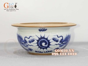 Bát hương dáng quả lựu men lam cổ viền vàng vẽ hoạ tiết Rồng, đường kính 20cm