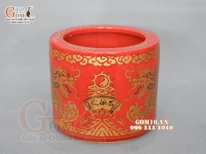 Bát hương họa tiết Rồng Phúc - Lộc - Thọ vàng kim men đỏ, đường kính 12cm