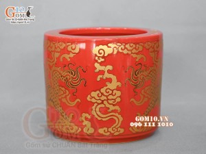 Bát hương họa tiết Rồng Phúc - Lộc - Thọ vàng kim men đỏ, đường kính 12cm