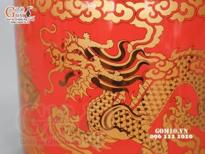 Bát hương họa tiết Rồng Phúc - Lộc - Thọ vàng kim men đỏ, đường kính 12cm