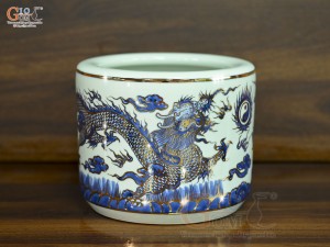 Bát hương Long Trấn men lam họa tiết Rồng vẽ vàng, đường kính 14cm