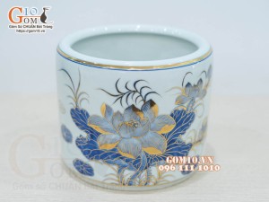 Bát hương men lam cổ vẽ Sen Tài Lộc, vẽ vàng 24k, đường kính 22cm