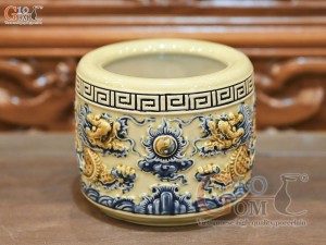 Bát hương men hoàng tộc đắp nổi Rồng Như Ý, đường kính 12cm
