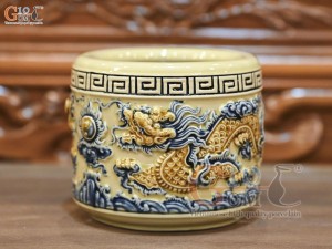 Bát hương men hoàng tộc đắp nổi Rồng Như Ý, đường kính 12cm