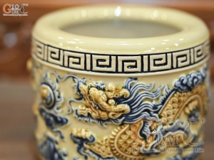 Bát hương men hoàng tộc đắp nổi Rồng Như Ý, đường kính 12cm