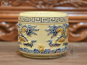 Bát hương men hoàng tộc đắp nổi Rồng Như Ý, đường kính 12cm
