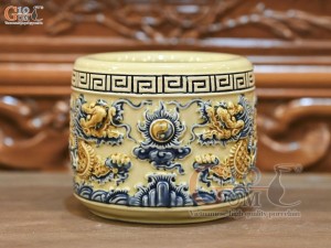 Bát hương men hoàng tộc đắp nổi Rồng Như Ý, đường kính 14cm