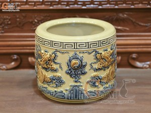 Bát hương men hoàng tộc đắp nổi Rồng Như Ý, đường kính 16cm