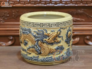 Bát hương men hoàng tộc đắp nổi Rồng Như Ý, đường kính 16cm
