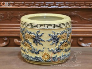 Bát hương men hoàng tộc đắp nổi Rồng Như Ý, đường kính 16cm