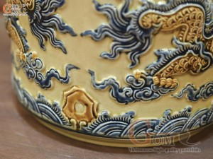 Bát hương men hoàng tộc đắp nổi Rồng Như Ý, đường kính 16cm