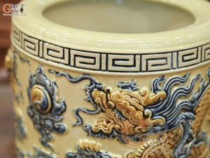 Bát hương men hoàng tộc đắp nổi Rồng Như Ý, đường kính 16cm