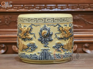 Bát hương men hoàng tộc đắp nổi Rồng Như Ý, đường kính 20cm